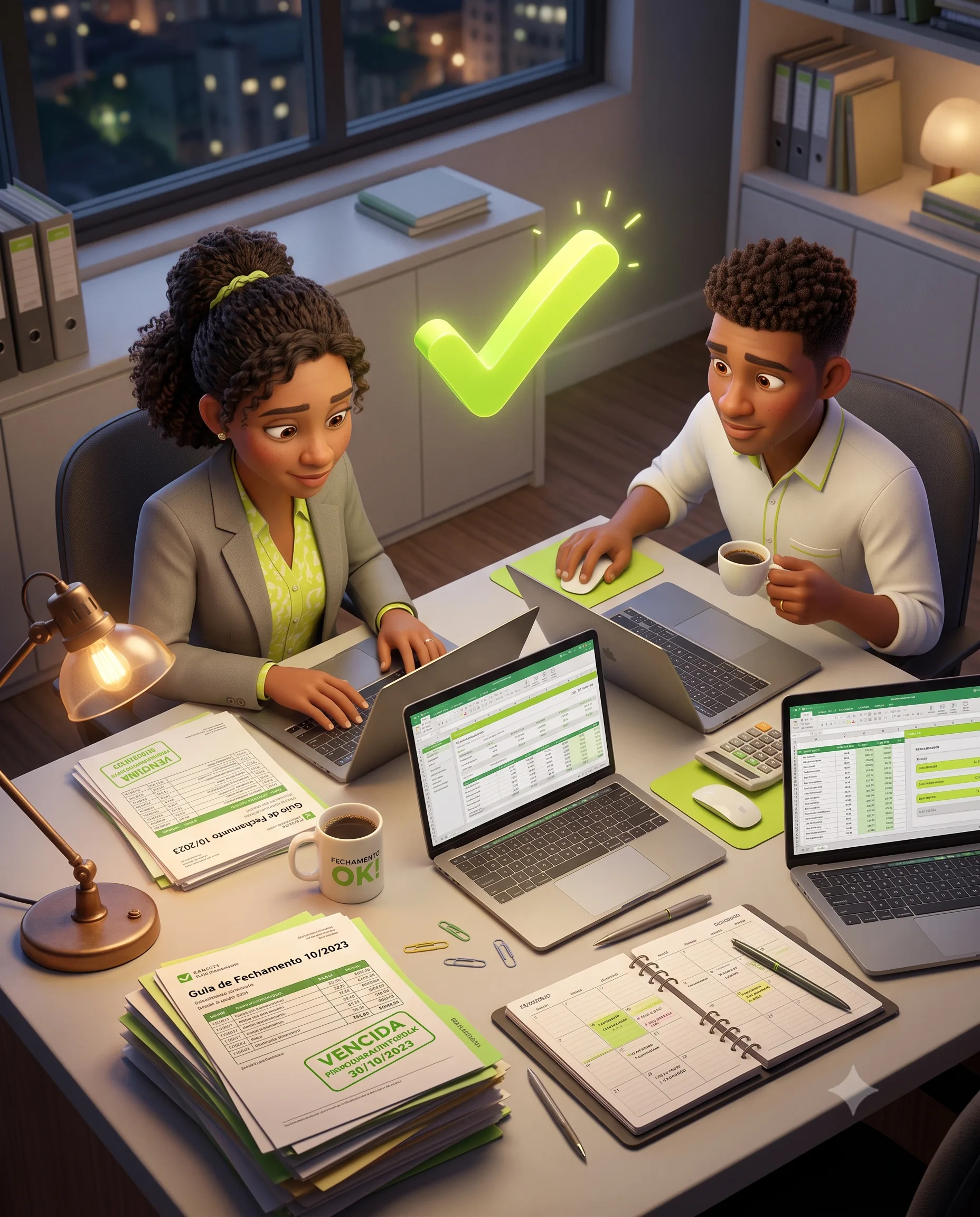 Ilustração 3D estilo Pixar: equipe do escritório contábil fechando o mês sem correria, com os documentos dos clientes já recebidos.
