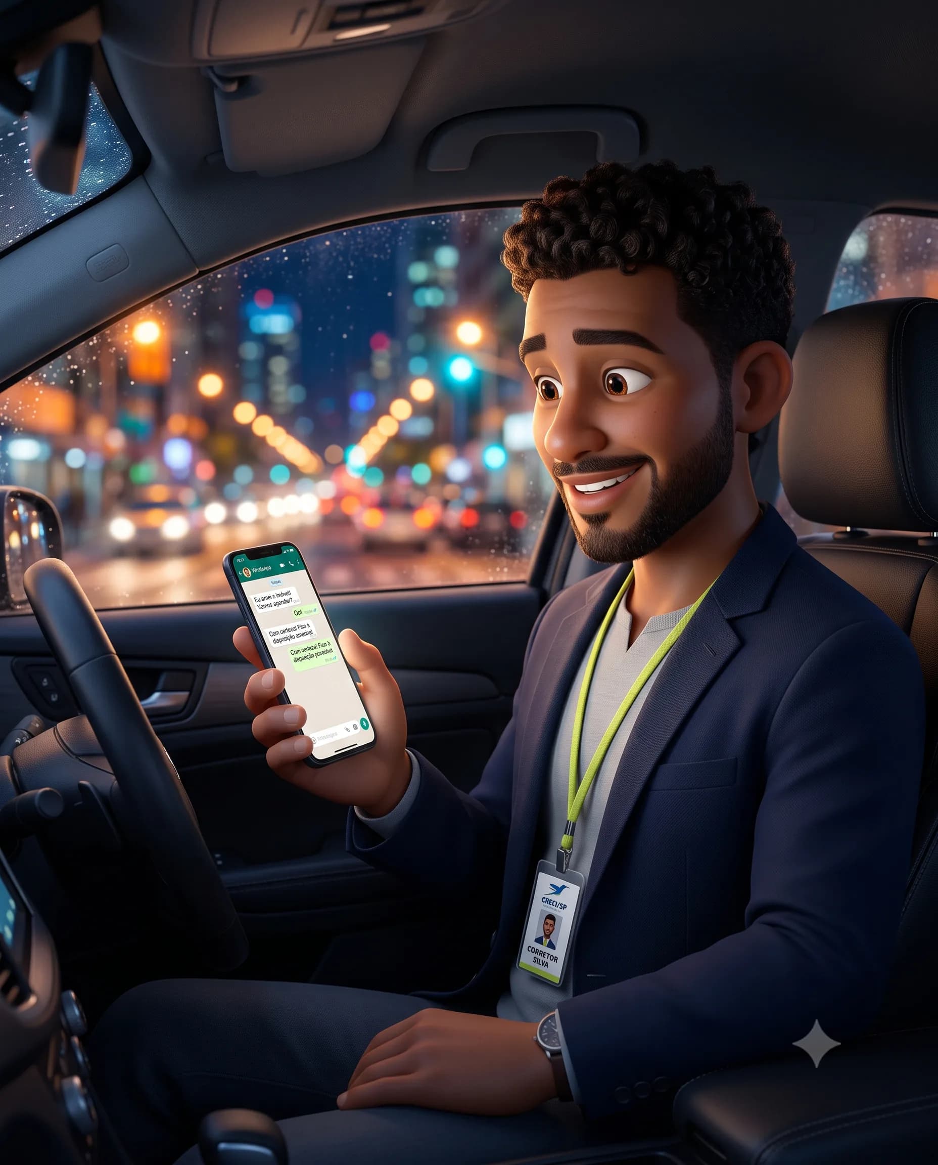 Ilustração 3D estilo Pixar: corretor dentro do carro à noite respondendo um cliente pelo celular, luzes da cidade em bokeh pela janela, a tela iluminando o rosto.