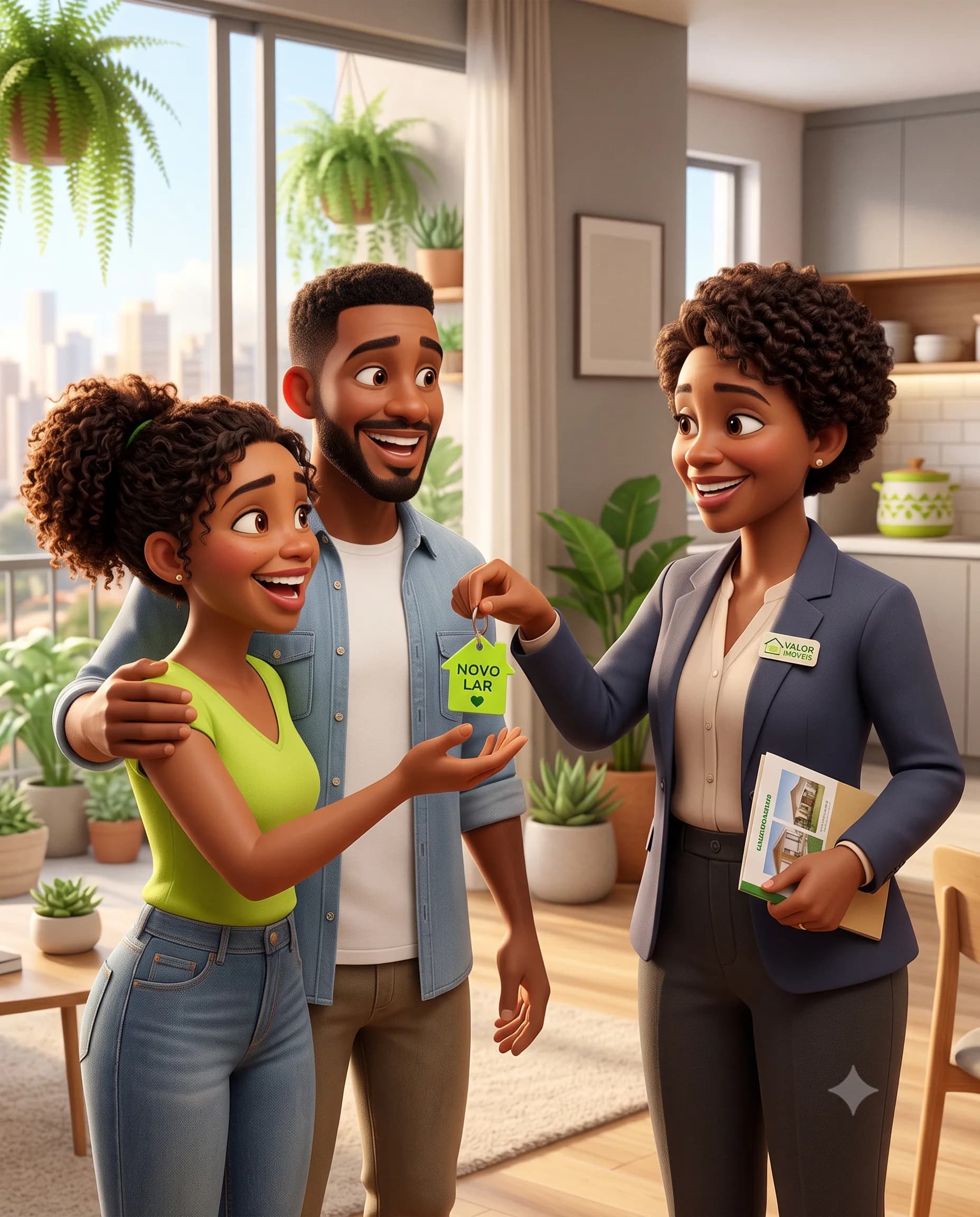 Ilustração 3D estilo Pixar: corretora sorridente entrega as chaves a um casal jovem encantado, dentro de um apartamento claro e moderno com plantas na janela.